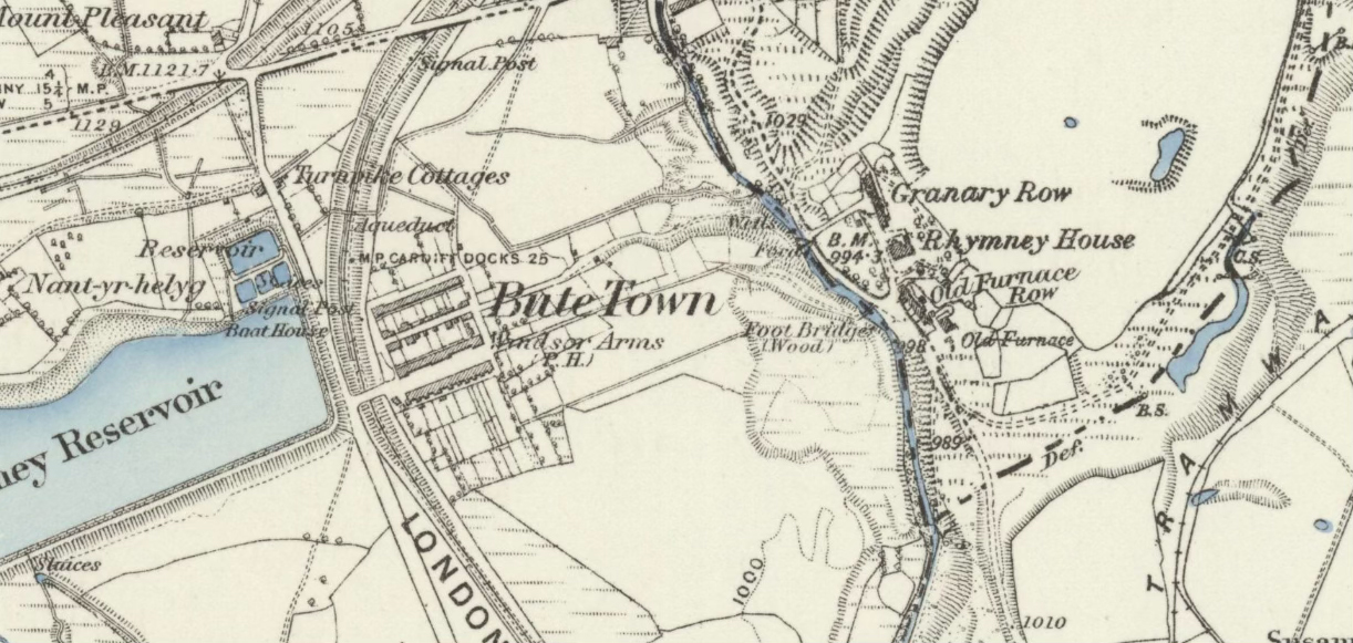 Ordnance Survey map showing Bute Town around 1889
